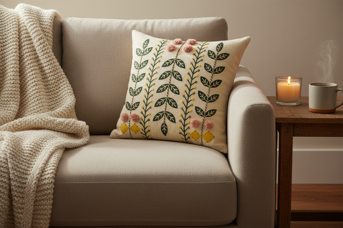 Cloud Soft Plush Sleep Pillow on a cozy linen sofa with a knit throw and candle