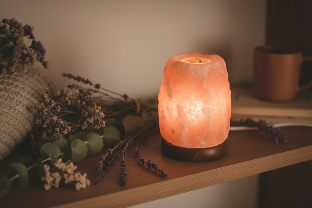 Himalayan Salt Aroma Lamp glowing softly on a wooden shelf in a cozy home setting