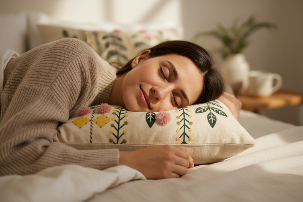 Person peacefully resting on the Cloud Soft Plush Sleep Pillow in a cozy warm bedroom