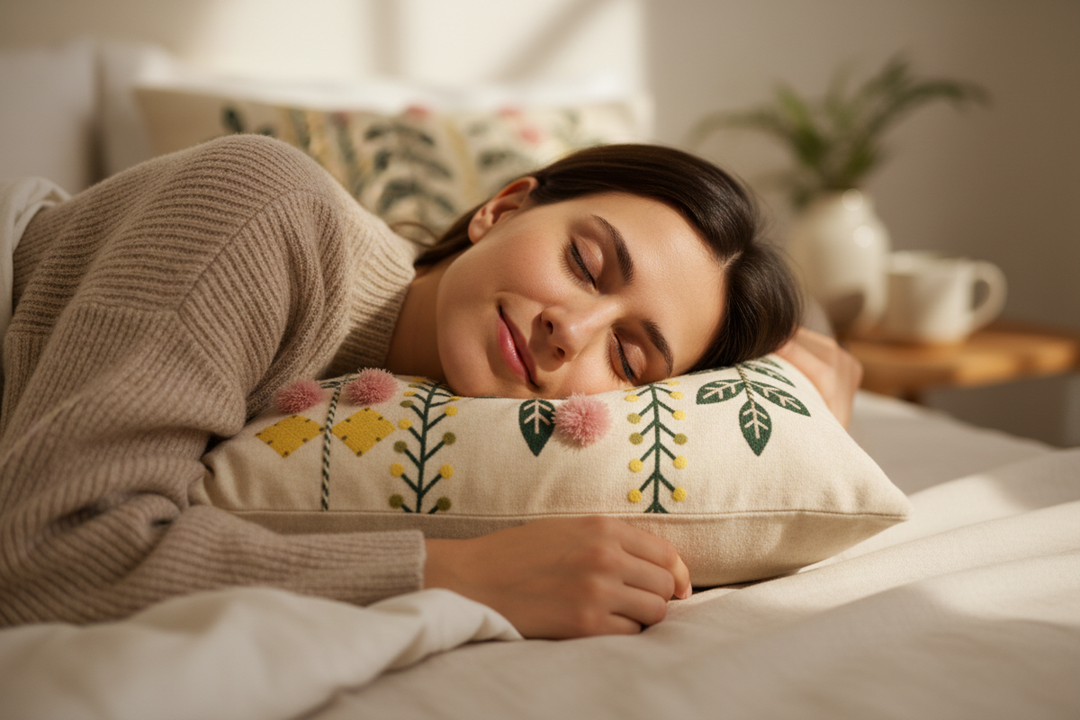 Person peacefully resting on the Cloud Soft Plush Sleep Pillow in a cozy warm bedroom